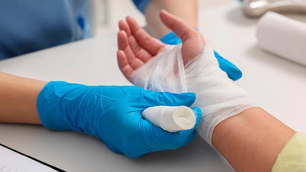 A healthcare professional wearing blue gloves is wrapping a white bandage around a patient’s hand and wrist, providing wound care treatment.